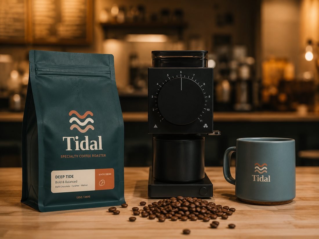 Tidal coffee bag, grinder and branded mug on a cafe counter